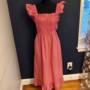 Sim & Sam Red Gingham Smocked Midi picnic Dress large Cottagecore Ruffle Strap